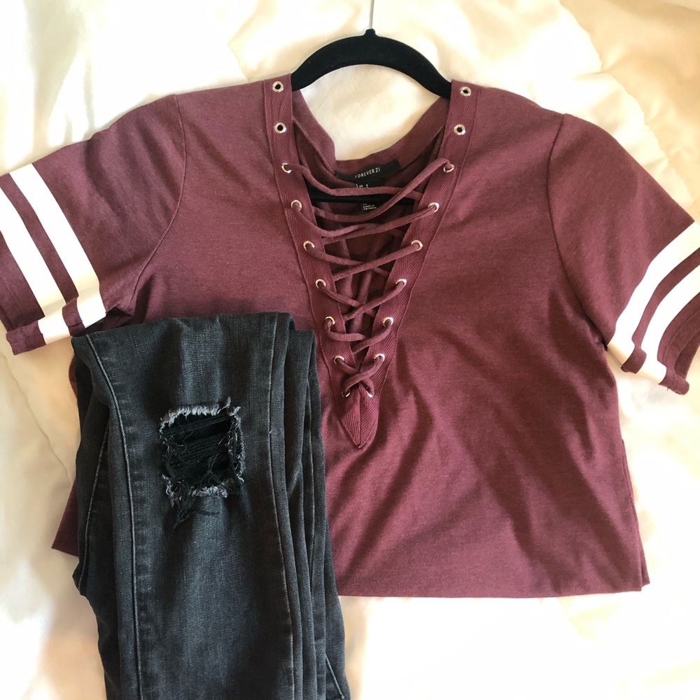 Burgundy Varsity Lace Up T-Shirt
